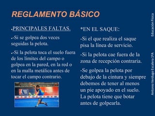 REGLAMENTO BÁSICO
●PRINCIPALES FALTAS.
●-Si se golpea dos veces
seguidas la pelota.
●-Si la pelota toca el suelo fuera
de los límites del campo o
golpea en la pared, en la red o
en la malla metálica antes de
tocar el campo contrario.
*EN EL SAQUE:
-Si el que realiza el saque
pisa la línea de servicio.
-Si la pelota cae fuera de la
zona de recepción contraria.
-Se golpea la pelota por
debajo de la cintura y siempre
debemos de tener al menos
un pie apoyado en el suelo.
La pelota tiene que botar
antes de golpearla.
 
