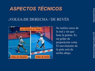 ASPECTOS TÉCNICOS
●VOLEA:DE DERECHA / DE REVÉS
Se realiza cerca de
la red y sin que
bote la pelota. Es
un golpe de
preparación corta.
El movimiento de
la pala será de
arriba abajo.
 