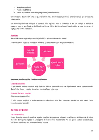 13
• Aspecto emocional
• Pádel = DIVERSIÓN
• Crear un clima de confianza y seguridad (para el alumno)
Un niño se ha de divertir. Sino no quiere volver más. Una metodología mixta estaría bien ya que a veces no
saben correr.
Un mismo ejercicio se consigue el objetivo para algunos. Pero si corriendo le das un tiempo al menos te
aseguras que va a esforzarse. Hablando del tema físico. No todos hacen los ejercicios a tope (como en el
rugby) unos sudan y otros no.
Sesión
Hacer más de un objetivo por sesión (mínimo 2). Actividades de una sesión.
Formulación de objetivos. Verbo en infinitivo. (Trabajar conseguir mejorar introducir)
Juegos de familiarización. Partidos modificados
Calentamiento
El que hemos hechos todos es muy aburrido. Pero si somos técnicos de algo intentar hacer cosas distintas.
Que el niño llegue y no diga uhh ahora vamos a hacer esto, esto
Partes de una sesión
Calentamiento especifico
El niño cuando empieza la sesión es cuando más atento esta. Esta receptivo aprovechar para meter cosas
importantes de la sesión.
Táctica de pádel
Introducción
En un deporte como el pádel se barajan muchos factores que influyen en el juego. A diferencia de otros
deportes de raqueta el pádel es un deporte de nivel técnico más sencillo. Por eso que la táctica, la estrategia y
psicología adquieren una importancia muy grande.
enseñar
divertir
circuitos
juegos
finales
peloteo
ejerciciosde
cubo
 