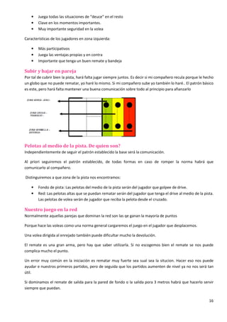 16
• Juega todas las situaciones de “deuce” en el resto
• Clave en los momentos importantes.
• Muy importante seguridad en la volea
Características de los jugadores en zona izquierda:
• Más participativos
• Juega las ventajas propias y en contra
• Importante que tenga un buen remate y bandeja
Subir y bajar en pareja
Por tal de cubrir bien la pista, hará falta jugar siempre juntos. Es decir si mi compañero recula porque le hecho
un globo que no puede rematar, yo haré lo mismo. Si mi compañero sube yo también lo haré.. El patrón básico
es este, pero hará falta mantener una buena comunicación sobre todo al principio para afianzarlo
Pelotas al medio de la pista. De quien son?
Independientemente de seguir el patrón establecido la base será la comunicación.
Al priori seguiremos el patrón establecido, de todas formas en caso de romper la norma habrá que
comunicarlo al compañero.
Distinguiremos a que zona de la pista nos encontramos:
• Fondo de pista: Las pelotas del medio de la pista serán del jugador que golpee de drive.
• Red: Las pelotas altas que se puedan rematar serán del jugador que tenga el drive al medio de la pista.
Las pelotas de volea serán de jugador que reciba la pelota desde el cruzado.
Nuestro juego en la red
Normalmente aquellas parejas que dominan la red son las qe ganan la mayoría de puntos
Porque hace las voleas como una norma general cargaremos el juego en el jugador que desplacemos.
Una volea dirigida al enrejado también puede dificultar mucho la devolución.
El remate es una gran arma, pero hay que saber utilizarla. Si no escogemos bien el remate se nos puede
complica mucho el punto.
Un error muy común en la iniciación es rematar muy fuerte sea sual sea la situcion. Hacer eso nos puede
ayudar e nuestros primeros partidos, pero de seguida que los partidos aumenten de nivel ya no nos será tan
útil.
Si dominamos el remate de salida para la pared de fondo o la salida pora 3 metros habrá que hacerlo servir
siempre que puedan.
 