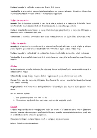 7
Punto de impacto: Se realizará a un palmo por delante de la cadera.
Terminación: Se acompaña la trayectoria de la pelota hasta que esta esté a la altura del pecho y el brazo libre
equilibra señalando en dirección contraria y mantiene el cuerpo lateral
Volea de derecha
Armado: Giro de hombros hasta que la cara de la pala se enfrente a la trayectoria de la bola. Piernas
semiflexionadas (izquierda adelantada y la derecha atrasada). El peso del cuerpo adelante
Punto de impacto: Se realizará sobre la punta del pie izquierdo (adelantado) En el momento del impacto la
mano libre señala la trayectoria de la bola.
Terminación: Se acompaña la trayectoria de la pelota hasta que la mano con la pala esté a la altura del pecho
Volea de revés
Armado: Girar hombros hasta que la cara de la pala quede enfrentada a la trayectoria de la bola. Se adelanta
pierna izquierda quedando la izquierda atrasada. El movimiento de la pala será de arriba a abajo.
Punto de impacto: Se realizará sobre la punta del pie derecho (adelantado) la mano libre señala hacia atras.
Terminación: Se acompaña la trayectoria de la pelota hasta que esta esté a la altura del pecho y el hombro
derecho
Globo
No tiene porque ser un golpe defensivo. Permite pasar de una posición defensiva a una posición cerca de la
red (posición de ataque)
Colocación del cuerpo: Colocar el cuerpo de lado y algo retrasado con la pala mirando hacia arriba
Piernas: Antes justo del momento del impacto debo flexionar las piernas y extenderlas. (Llevando el cuerpo
hacia arriba y adelante)
Desplazamiento: De la red al fondo de la pista lateral y cruzando pies para llegar en buena posición y más
rápido.
Una vez realizado el globo
1. Si el globo sobrepasa al rival: subo a la red
2. Si no sube me quedo en la línea blanca para contrarrestar un posible smash
Smash
Golpe de ataque explosivo que busca golpear la pelota por encima de la cabeza. Se realiza ante un globo corto
(debe ser un golpe más contundente y definitivo) o bien ante un globo bien realizado teniendo un smash lejos
de la red se buscará mas colocación que potencia.
El desplazamiento para cualquier tipo de smash es usar pasos laterales cruzados
Ante un globo tenemos dos opciones:
 