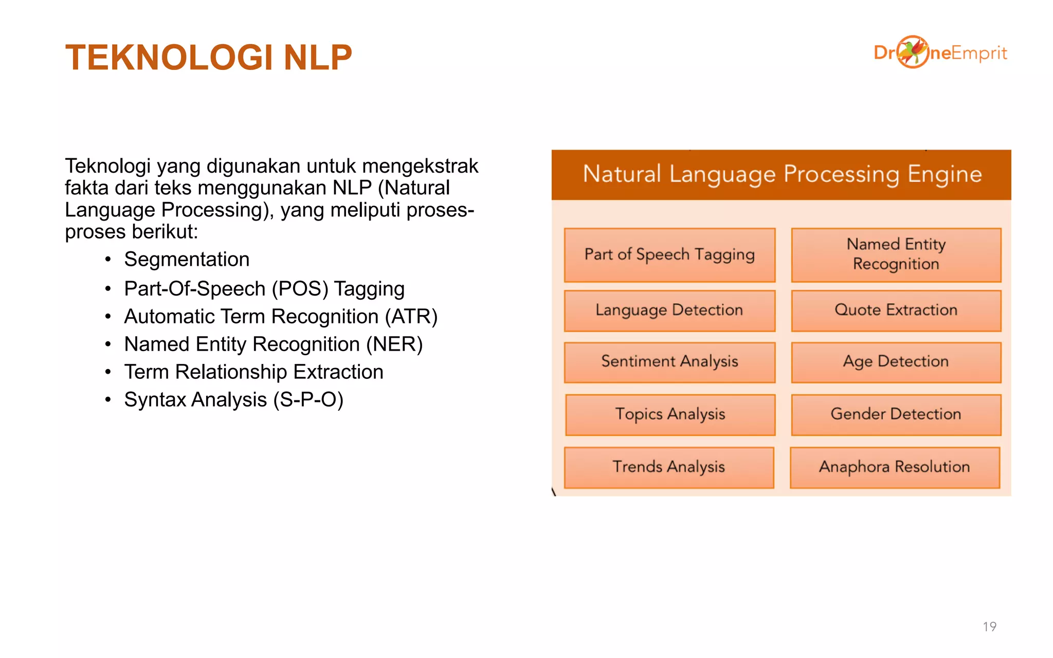 TEKNOLOGI NLP
Teknologi yang digunakan untuk mengekstrak
fakta dari teks menggunakan NLP (Natural
Language Processing), yang meliputi proses-
proses berikut:
• Segmentation
• Part-Of-Speech (POS) Tagging
• Automatic Term Recognition (ATR)
• Named Entity Recognition (NER)
• Term Relationship Extraction
• Syntax Analysis (S-P-O)
19
 