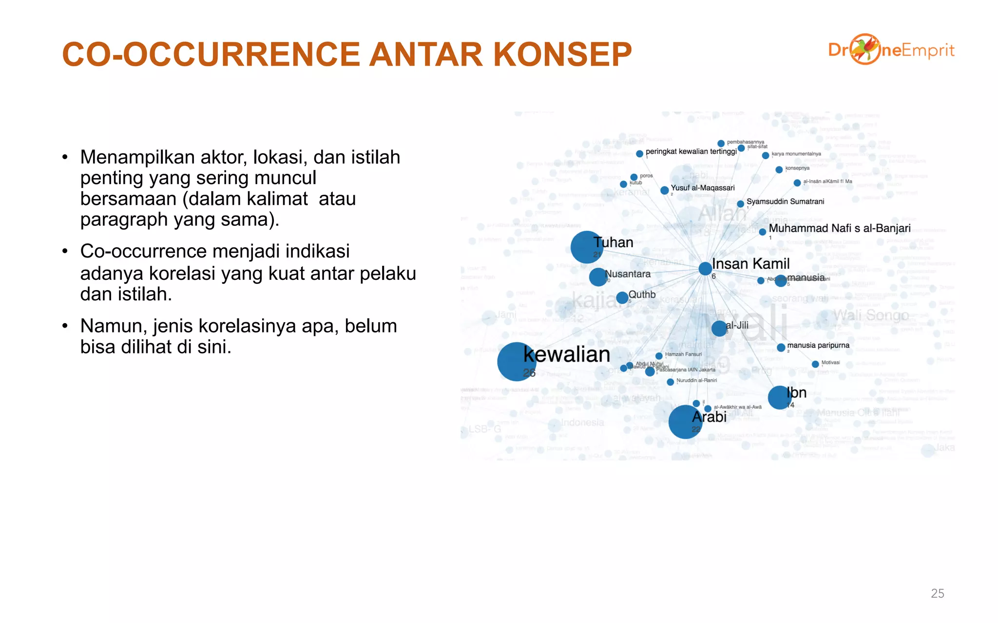 CO-OCCURRENCE ANTAR KONSEP
• Menampilkan aktor, lokasi, dan istilah
penting yang sering muncul
bersamaan (dalam kalimat atau
paragraph yang sama).
• Co-occurrence menjadi indikasi
adanya korelasi yang kuat antar pelaku
dan istilah.
• Namun, jenis korelasinya apa, belum
bisa dilihat di sini.
25
 