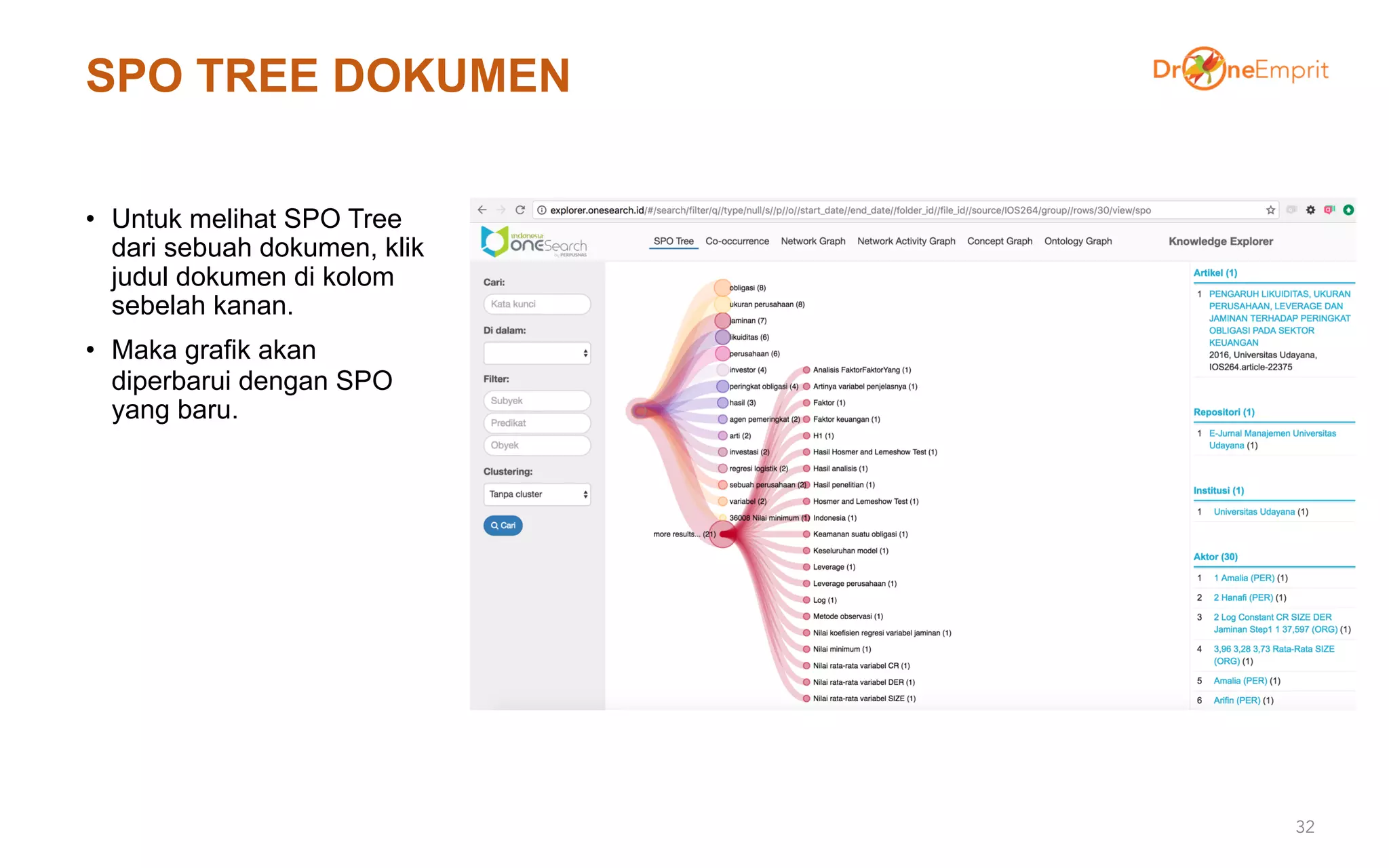 SPO TREE DOKUMEN
• Untuk melihat SPO Tree
dari sebuah dokumen, klik
judul dokumen di kolom
sebelah kanan.
• Maka grafik akan
diperbarui dengan SPO
yang baru.
32
 