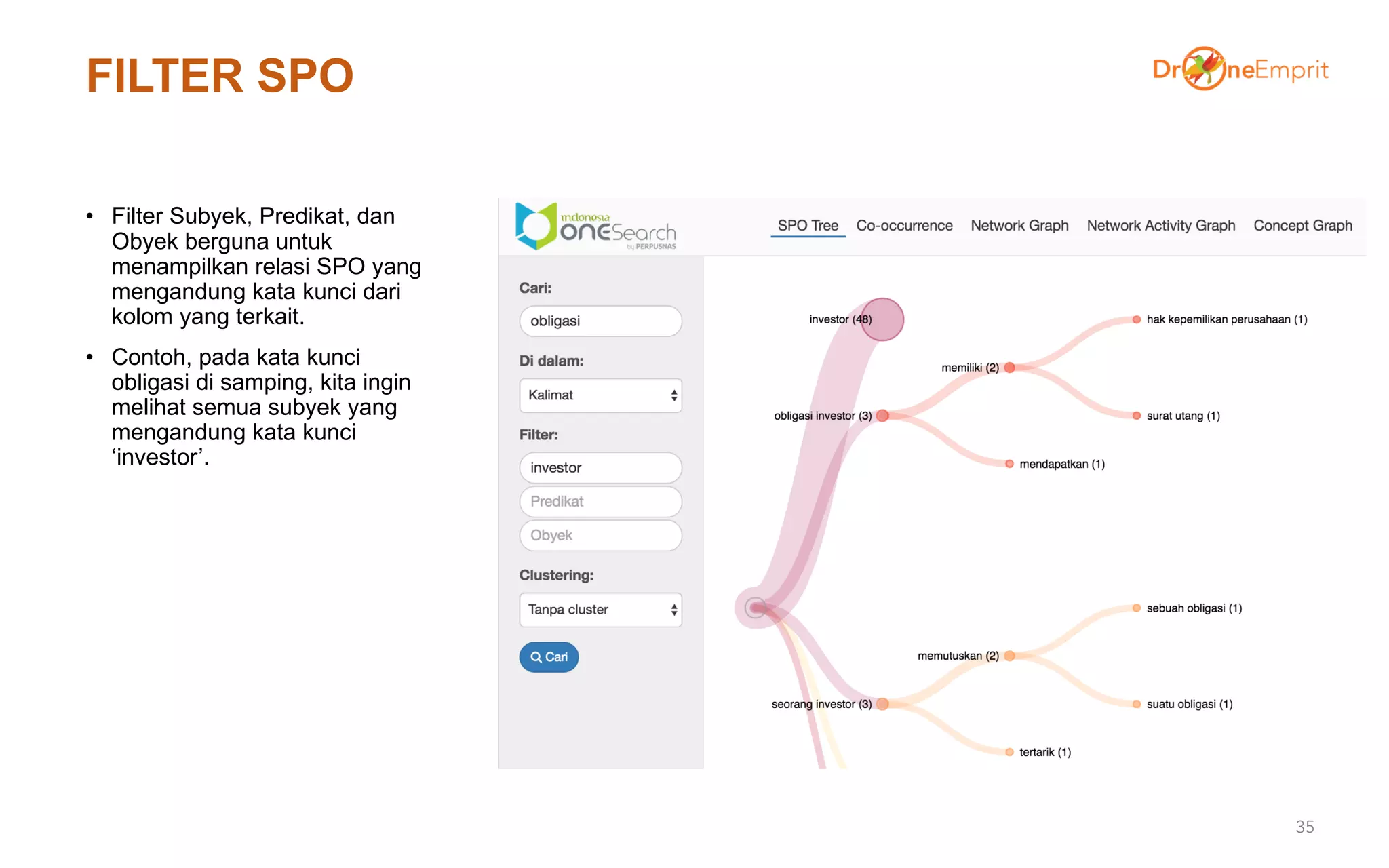 FILTER SPO
• Filter Subyek, Predikat, dan
Obyek berguna untuk
menampilkan relasi SPO yang
mengandung kata kunci dari
kolom yang terkait.
• Contoh, pada kata kunci
obligasi di samping, kita ingin
melihat semua subyek yang
mengandung kata kunci
‘investor’.
35
 