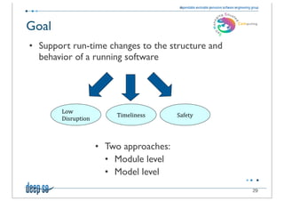 Goal
• Support run-time changes to the structure and
  behavior of a running software




       Low$
                         Timeliness$     Safety$
       Disruption$



                     • Two approaches:
                       • Module level
                       • Model level
                                                   29
 