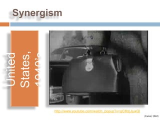 Synergism
States,
1940’s
United




          http://www.youtube.com/watch_popup?v=gCMzjJjuxQI
                                                             (Camel, 1942)
 