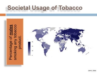 Percentage of males
              smoking any tobacco
                    product.
                                    Societal Usage of Tobacco




(WHO, 2008)
 