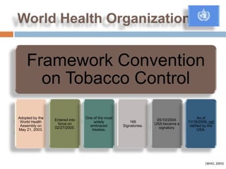 World Health Organization


    Framework Convention
      on Tobacco Control

Adopted by the                  One of the most                                        As of
                 Entered into                                     05/10/2004:
 World Health                       widely            166                       11/18/2009, not
                   force on                                      USA became a
 Assembly on                      embraced        Signatories.                   ratified by the
                 02/27/2005.                                       signatory.
May 21, 2003.                      treaties.                                           USA.




                                                                                          (WHO, 2003)
 