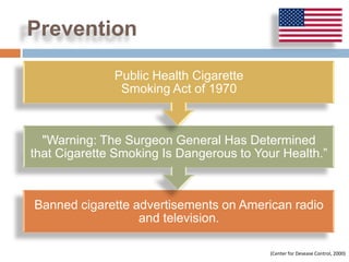 Prevention

              Public Health Cigarette
               Smoking Act of 1970



  "Warning: The Surgeon General Has Determined
that Cigarette Smoking Is Dangerous to Your Health.”



Banned cigarette advertisements on American radio
                  and television.

                                          (Center for Desease Control, 2000)
 