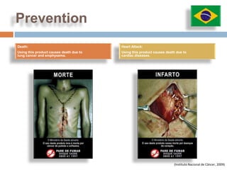 Prevention
Death:                                   Heart Attack:
Using this product causes death due to   Using this product causes death due to
lung cancer and emphysema.               cardiac diseases.




                                                                       (Instituto Nacional de Câncer, 2009)
 