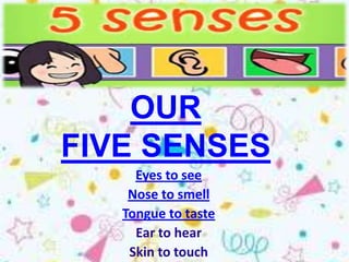 OUR
FIVE SENSES
     Eyes to see
    Nose to smell
   Tongue to taste
     Ear to hear
    Skin to touch
 