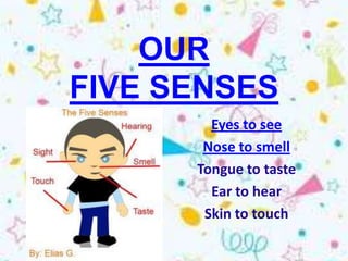 OUR
FIVE SENSES
        Eyes to see
       Nose to smell
      Tongue to taste
        Ear to hear
       Skin to touch
 
