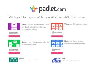 Välj layout beroende på hur du vill att innehållet ska synas.
Ström - tex för ”backchannel” eller
om du vill att inläggen ska visas i
kronologisk ordning.
Canvas - tex ”mind-maps” eller för
att illustrera flöden.
Vägg - tex för brainstorming.
Hylla - tex för att sortera
innehållet i olika kolumner.
.com
 