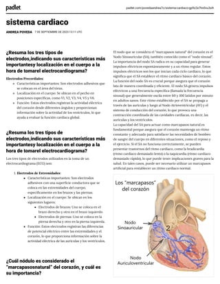 padlet.com/povedaandrea7c/sistema-cardiaco-gp9z2e7hn0vu3xih
sistema cardiaco
ANDREA POVEDA 7 DE SEPTIEMBRE DE 2023 13:11 UTC
¿Resuma los tres tipos de
electrodos,indicando sus características más
importantesy localización en el cuerpo a la
hora de tomarel electrocardiograma?
Electrodos Precordiales:
Características importantes: Son electrodos adhesivos que
se colocan en el área del tórax.
Localización en el cuerpo: Se ubican en el pecho en
posiciones específicas, como V1, V2, V3, V4, V5 y V6.
Función: Estos electrodos registran la actividad eléctrica
del corazón desde diferentes ángulos y proporcionan
información sobre la actividad de los ventrículos, lo que
ayuda a evaluar la función cardíaca global.
¿Resuma los tres tipos de
electrodos,indicando sus características más
importantesy localización en el cuerpo a la
hora de tomarel electrocardiograma?
Los tres tipos de electrodos utilizados en la toma de un
electrocardiograma (ECG) son:
1. Electrodos de Extremidades:
Características importantes: Son electrodos
adhesivos con una superficie conductora que se
coloca en las extremidades del cuerpo,
específicamente en los brazos y las piernas.
Localización en el cuerpo: Se ubican en los
siguientes lugares:
Electrodos de brazos: Uno se coloca en el
brazo derecho y otro en el brazo izquierdo.
Electrodos de piernas: Uno se coloca en la
pierna derecha y otro en la pierna izquierda.
Función: Estos electrodos registran las diferencias
de potencial eléctrico entre las extremidades y el
corazón, lo que proporciona información sobre la
actividad eléctrica de las aurículas y los ventrículos.
¿Cuál nódulo es considerado el
“marcapasosnatural” del corazón, y cuál es
su importancia?
El nodo que se considera el "marcapasos natural" del corazón es el
Nodo Sinoauricular (SA), también conocido como el "nodo sinusal".
La importancia del nodo SA radica en su capacidad para generar
impulsos eléctricos espontáneamente y a un ritmo regular. Estos
impulsos eléctricos son los que inician cada ciclo cardíaco, lo que
significa que el SA establece el ritmo cardíaco básico del corazón.
La función del nodo SA es crucial porque asegura que el corazón
lata de manera coordinada y eficiente. El nodo SA genera impulsos
eléctricos a una frecuencia específica (llamada la frecuencia
sinusal) que generalmente oscila entre 60 y 100 latidos por minuto
en adultos sanos. Este ritmo establecido por el SA se propaga a
través de las aurículas y luego al Nodo Atrioventricular (AV) y el
sistema de conducción del corazón, lo que provoca una
contracción coordinada de las cavidades cardíacas, es decir, las
aurículas y los ventrículos.
La capacidad del SA para actuar como marcapasos natural es
fundamental porque asegura que el corazón mantenga un ritmo
constante y adecuado para satisfacer las necesidades de bombeo
de sangre del cuerpo en diferentes situaciones, como el reposo y
el ejercicio. Si el SA no funciona correctamente, se pueden
presentar trastornos del ritmo cardíaco, como la bradicardia
(ritmo cardíaco demasiado lento) o la taquicardia (ritmo cardíaco
demasiado rápido), lo que puede tener implicaciones graves para la
salud. En tales casos, puede ser necesario utilizar un marcapasos
artificial para restablecer un ritmo cardíaco normal.
 