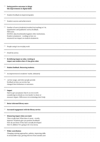 Seeing positive outcomes in things
like improvements in digital skills
Student feedback on improved grades
Student success and achievement
Number of users (students) reached via teaching or 1-1s.
Quantitative and qualitative survey feedback.
NSS score.
SCONUL data benchmarked against other institutions.
Student attainment - working on how we
measured our impact on student attainment.
People using it in everyday work
Death by survey
Re defining impact as value...looking at
impact case studies where IL has given value
Student feedback. Returning students.
An improvement in students‘ marks, ultimately
service usage, and when people provide
feedback on how our service has
changed their behaviour or outcomes
Impact
Hard to get acceptance that IL is even worth
considering in schools so even harder to show or
measure impact. Differences in terminology don’t help
Better informed library users
Increased engagement with the library service
Measuring impact when you teach
This is really hard. What does it mean - results
improve? Students give you positive feedback?
How do you know if they have actually developed
their IL abilities? It's going to be very messy
Wider contribution
Changing existing approaches, policies, improving skills
in measurable ways, getting interest from outside your
 