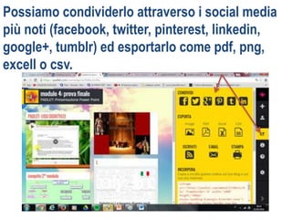 Possiamo condividerlo attraverso i social media
più noti (facebook, twitter, pinterest, linkedin,
google+, tumblr) ed esportarlo come pdf, png,
excell o csv.
 