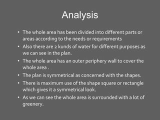 Analysis The whole area has been divided into different parts or areas according to the needs or requirements  Also there are 2 kunds of water for different purposes as we can see in the plan. The whole area has an outer periphery wall to cover the whole area . The plan is symmetrical as concerned with the shapes. There is maximum use of the shape square or rectangle which gives it a symmetrical look. As we can see the whole area is surrounded with a lot of greenery. 