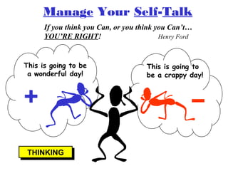 Manage Your Self-Talk
      If you think you Can, or you think you Can’t…
      YOU’RE RIGHT!                       Henry Ford



This is going to be                  This is going to
 a wonderful day!                    be a crappy day!




 THINKING
 THINKING
 