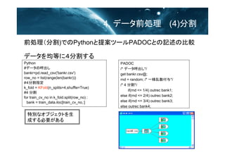 4. ǩ`ǰI (4)ָ
Python
#ǩ`κ
bankr=pd.read_csv('bankr.csv')
row_no = list(range(len(bankr)))
#ָָ
k_fold = KFold(n_splits=4,shuffle=True)
#4 ָ
for train_cv_no in k_fold.split(row_no) :
bank = train_data.iloc[train_cv_no,:]
PADOC
/* ǩ`*/
get bankr.csv@;
rnd = random; /* һ*/
/* 4 ָ*/
if(rnd <= 1/4) outrec bank1;
else if(rnd <= 2/4) outrec bank2;
else if(rnd <= 3/4) outrec bank3;
else outrec bank4;
ǩ`Ȥˣָ
ǰIָ)ǤPython᰸ĩ`PADOCȤӛα^
؄eʥ֥Ȥ
ɤҪ
 