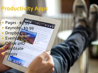    Pages - $9.99
   Keynote - $9.99
   Dropbox
   Evernote
   Office 2HD
   iAnnotate
   Blogsy
 