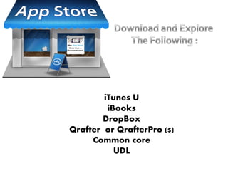 iTunes U
         iBooks
        DropBox
Qrafter or QrafterPro ($)
     Common core
           UDL
 
