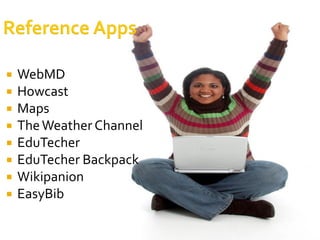    WebMD
   Howcast
   Maps
   The Weather Channel
   EduTecher
   EduTecher Backpack
   Wikipanion
   EasyBib
 