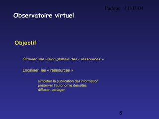 Padoue 11/03/04
5
Observatoire virtuel
Objectif
Simuler une vision globale des « ressources »
Localiser les « ressources »
simplifier la publication de l’information
préserver l’autonomie des sites
diffuser, partager
 
