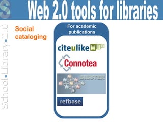 For academic publications Web 2.0 tools for libraries Social  cataloging 