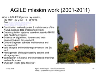 17/06/2019 Space Technologies Francesco Lazzarotto
INAF-OAPD francesco.lazzarotto@inaf.it
10
AGILE mission work (2001-2011)
What is AGILE? X/gamma ray mission,
(30 MeV - 50 GeV) (18 - 60 keV).
See https://agile.ssdc.asi.it/
http://agile.rm.iasf.cnr.it
 Contribution to development & maintenance of the
AGILE science data processing system;
 Data acquisition systems based on pseudo-TM/TC
data handling systems;
 Science sw algorithms, libraries and tools
engineering and development;
 Ground Segment software maintenance and
development;
 data analysis and monitoring services of the SA
tool;
 management of data processing servers and
storage system;
 participation in national and international meetings
and conferences;
 Outreach ("Notti della Ricerca") AGILE launch on pslv indian rocket on 23/04/2007
 