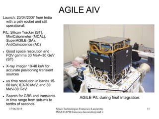 17/06/2019 Space Technologies Francesco Lazzarotto
INAF-OAPD francesco.lazzarotto@inaf.it
11
AGILE AIV
Launch: 23/04/2007 from India
with a pslv rocket and still
operational:
P/L: Silicon Tracker (ST),
MiniCalorimeter (MCAL),
SuperAGILE (SA),
AntiCoincidence (AC)
 Good space resolution and
FOV gamma 30 MeV--30 GeV
(ST)
 X-ray imager 10-40 keV for
accurate positioning transient
sources
 us time resolution in bands 15-
60 keV, 0.3-30 MeV, and 30
MeV-30 GeV
 Search for GRB and transients
in time range from sub-ms to
tenths of seconds.
AGILE P/L during final integration:
 
