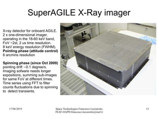 17/06/2019 Space Technologies Francesco Lazzarotto
INAF-OAPD francesco.lazzarotto@inaf.it
13
SuperAGILE X-Ray imager
X-ray detector for onboard AGILE.
2 x one-dimensional imager,
operating in the 18-60 keV band,
FoV ~2st, 2 us time resolution.
8 keV energy resolution (FWHM).
Pointing phase (attitude control)
6 arcmins resolution
Spinning phase (since Oct 2009)
pointing drift ∼0.1 degree/s.
Imaging sofware needs longer
expositions, summing sub-images
for same FoV at different times.
Time series using FFT to filter
counts fluctuations due to spinning
to detect transients.
 