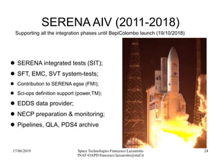 17/06/2019 Space Technologies Francesco Lazzarotto
INAF-OAPD francesco.lazzarotto@inaf.it
24
SERENA AIV (2011-2018)
 SERENA integrated tests (SIT);
 SFT, EMC, SVT system-tests;
 Contribution to SERENA egse (FMI);
 Sci-ops definition support (power,TM);
 EDDS data provider;
 NECP preparation & monitoring;
 Pipelines, QLA, PDS4 archive
Supporting all the integration phases until BepiColombo launch (19/10/2018)
 