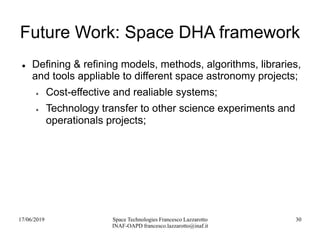 17/06/2019 Space Technologies Francesco Lazzarotto
INAF-OAPD francesco.lazzarotto@inaf.it
30
Future Work: Space DHA framework
 Defining & refining models, methods, algorithms, libraries,
and tools appliable to different space astronomy projects;
 Cost-effective and realiable systems;
 Technology transfer to other science experiments and
operationals projects;
 