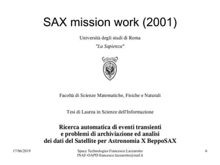17/06/2019 Space Technologies Francesco Lazzarotto
INAF-OAPD francesco.lazzarotto@inaf.it
6
SAX mission work (2001)
 