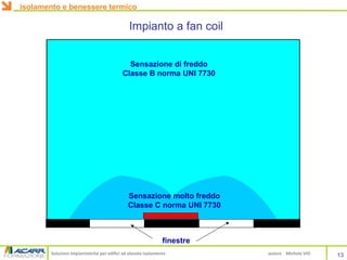 Soluzioni impiantistiche per edifici ad elevato isolamento autore Michele VIO
Impianto a fan coil
finestre
Sensazione di freddo
Classe B norma UNI 7730
Sensazione molto freddo
Classe C norma UNI 7730
isolamento e benessere termico
13
 