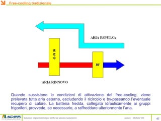 Soluzioni impiantistiche per edifici ad elevato isolamento autore Michele VIO
Quando sussistono le condizioni di attivazione del free-cooling, viene
prelevata tutta aria esterna, escludendo il ricircolo e by-passando l’eventuale
recupero di calore. La batteria fredda, collegata idraulicamente ai gruppi
frigoriferi, provvede, se necessario, a raffreddare ulteriormente l’aria.
47
Free-cooling tradizionale
 