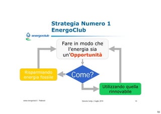Strategia Numero 1
                              EnergoClub

                                 Fare in modo che
                                   lenergia sia
                                 unOpportunit


Risparmiando
energia fossile                     Come?
                                                                  Utilizzando quella
                                                                      rinnovabile

www.energoclub.it - Padovan             Vanezia Camp, 2 luglio 2010               10




                                                                                       10
 