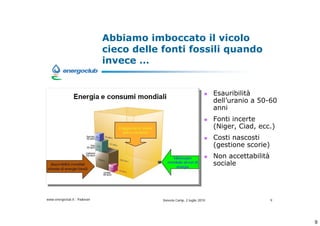 Abbiamo imboccato il vicolo
                              cieco delle fonti fossili quando
                              invece 


                                                                        Esauribilit
                                                                        delluranio a 50-60
                                                                        anni
                                                                        Fonti incerte
                                                                        (Niger, Ciad, ecc.)
                                                                        Costi nascosti
                                                                        (gestione scorie)
                                                                        Non accettabilit
                                                                        sociale




www.energoclub.it - Padovan               Vanezia Camp, 2 luglio 2010                       9




                                                                                                9
 