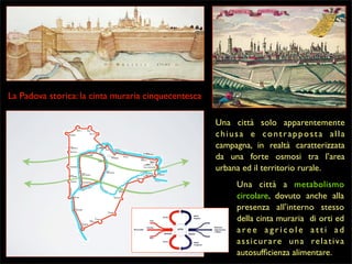 La Padova storica: la cinta muraria cinquecentesca
Una città solo apparentemente
chiusa e contrapposta alla
campagna, in realtà caratterizzata
da una forte osmosi tra l’area
urbana ed il territorio rurale.
Una città a metabolismo
circolare, dovuto anche alla
presenza all’interno stesso
della cinta muraria di orti ed
aree agricole atti ad
a s s i c u r a re u n a re l a t i v a
autosufﬁcienza alimentare.

 