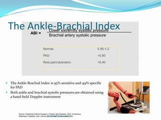 The Ankle-Brachial Index  Lower extremity systolic pressure	     Brachial artery systolic pressureABI =Normal	0.95-1.2PAD	<0.90Rest pain/ulceration	<0.40The Ankle-Brachial Index is 95% sensitive and 99% specific for PADBoth ankle and brachial systolic pressures are obtained using a hand-held Doppler instrumentSource: Peripheral Arterial Disease in People with Diabetes, ADA, ConsensusStatement, Diabetes Care, Volume 26, Number 12, December 2003.www.radclinic.com