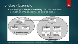 Bridge - Exemplo
 Neste projeto, Shape usa Drawing para manifestar seu
comportamento, chegamos ao padrão Bridge
Diagrama de classes nova solução exemplo Padrão de Projeto Bridge, com padrão aplicado
44
 