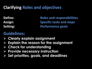 Clarifying Roles and objectives
Define: Roles and responsibilities
Assign: Specific tasks and steps
Setting: Performance goals
Guidelines:
 Clearly explain assignment
 Explain the reason for the assignment
 Check for understanding
 Provide necessary instruction
 Set priorities, goals, and deadlines
 