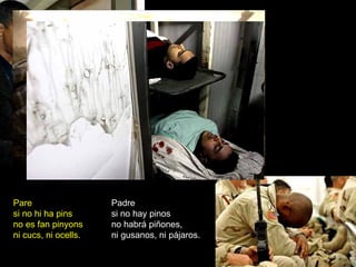 Pare si no hi ha pins no es fan pinyons ni cucs, ni ocells. Padre si no hay pinos no habrá piñones, ni gusanos, ni pájaros. 