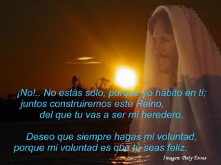 ¡No!.. No estás solo, porque yo habito   en ti; juntos construiremos este Reino,  del que tu vas a ser mi heredero. Deseo que siempre hagas mi voluntad, porque mi voluntad es   que tú seas feliz.  