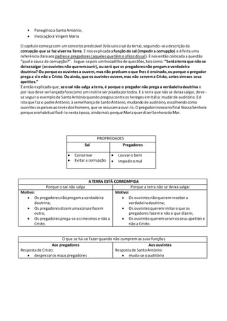 Panegíricoa SantoAntónio;
 Invocaçãoà VirgemMaria
O capítulocomeça com um conceitopredicável(Vóssoisosal daterra),seguindo-seadescriçãoda
corrupção que se faz viverna Terra. É nosexplicadaafunção do sal (impedira corrupção) e é feitauma
referênciaclaraaos padrese pregadores(aquelesque têmoofíciodosal).É nosentão colocadaa questão
“qual a causa da corrupção?”. Segue-sepoisumtrocadilhode questões,taiscomo: “Seráa terra que não se
deixasalgar (osouvintesnão queremouvir), ou será que os pregadoresnão pregam a verdadeira
doutrina? Ou porque os ouvintesa ouvem,mas não praticam o que lhesé ensinado,ouporque o pregador
prega a si e não a Cristo. Ou ainda, que os ouvintesouvem,mas não servema Cristo, antes simaos seus
apetites.”
É entãoexplicadoque, se osal não salga a terra, é porque o pregador não prega a verdadeiradoutrina e
por issodeve serlançadoforacomo um inútil e serpisadoportodos.E à terra que nãose deixasalgar,deve -
se seguiro exemplode SantoAntónioquandopregoucontraosheregesemItália:mudarde auditório.Eé
istoque faz o padre António,àsemelhançade SantoAntónio,mudandode auditório,escolhendocomo
ouvintesospeixesaoinvésdoshomens,que se recusamaouvi-lo.Opregadorinvocanofinal NossaSenhora
porque erahabitual fazê-lonestaépoca,aindamaisporque MariaquerdizerSenhoradoMar.
PROPRIEDADES
Sal Pregadores
 Conservar
 Evitar a corrupção
 Louvar o bem
 Impediromal
A TERRA ESTÁ CORROMPIDA
Porque o sal não salga Porque a terra não se deixa salgar
Motivo:
 Os pregadoresnãopregama verdadeira
doutrina;
 Os pregadoresdizemumacoisae fazem
outra;
 Os pregadoresprega-se asi mesmose nãoa
Cristo.
Motivo:
 Os ouvintesnãoqueremrecebera
verdadeiradoutrina;
 Os ouvintesqueremimitaroque os
pregadoresfazeme nãoo que dizem;
 Os ouvintesqueremservirosseusapetitese
não a Cristo.
O que se há-se fazer quando não cumprem as suas funções
Aos pregadores
Respostade Cristo:
 desprezarosmauspregadores
Aos ouvintes
Respostade SantoAntónio:
 muda-se oauditório
 