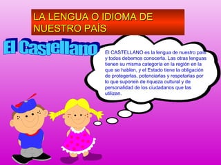 El CASTELLANO es la lengua de nuestro país
y todos debemos conocerla. Las otras lenguas
tienen su misma categoría en la región en la
que se hablen, y el Estado tiene la obligación
de protegerlas, potenciarlas y respetarlas por
lo que suponen de riqueza cultural y de
personalidad de los ciudadanos que las
utilizan.
LA LENGUA O IDIOMA DELA LENGUA O IDIOMA DE
NUESTRO PAÍSNUESTRO PAÍS
LA LENGUA O IDIOMA DELA LENGUA O IDIOMA DE
NUESTRO PAÍSNUESTRO PAÍS
 