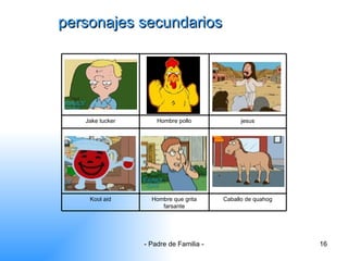 personajes secundarios Caballo de quahog Hombre que grita farsante Kool aid jesus Hombre pollo Jake tucker 