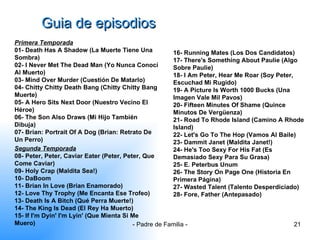Guia de episodios Primera Temporada   01- Death Has A Shadow (La Muerte Tiene Una Sombra) 02- I Never Met The Dead Man (Yo Nunca Conocí Al Muerto) 03- Mind Over Murder (Cuestión De Matarlo) 04- Chitty Chitty Death Bang (Chitty Chitty Bang Muerte) 05- A Hero Sits Next Door (Nuestro Vecino El Héroe) 06- The Son Also Draws (Mi Hijo También Dibuja) 07- Brian: Portrait Of A Dog (Brian: Retrato De Un Perro) 16- Running Mates (Los Dos Candidatos) 17- There's Something About Paulie (Algo Sobre Paulie) 18- I Am Peter, Hear Me Roar (Soy Peter, Escuchad Mi Rugido) 19- A Picture Is Worth 1000 Bucks (Una Imagen Vale Mil Pavos) 20- Fifteen Minutes Of Shame (Quince Minutos De Vergüenza) 21- Road To Rhode Island (Camino A Rhode Island) 22- Let's Go To The Hop (Vamos Al Baile) 23- Dammit Janet (Maldita Janet!) 24- He's Too Sexy For His Fat (Es Demasiado Sexy Para Su Grasa) 25- E. Peterbus Unum 26- The Story On Page One (Historia En Primera Página) 27- Wasted Talent (Talento Desperdiciado) 28- Fore, Father (Antepasado) Segunda Temporada 08- Peter, Peter, Caviar Eater (Peter, Peter, Que Come Caviar) 09- Holy Crap (Maldita Sea!) 10- DaBoom 11- Brian In Love (Brian Enamorado) 12- Love Thy Trophy (Me Encanta Ese Trofeo) 13- Death Is A Bitch (Qué Perra Muerte!) 14- The King Is Dead (El Rey Ha Muerto) 15- If I'm Dyin' I'm Lyin' (Que Mienta Si Me Muero) 