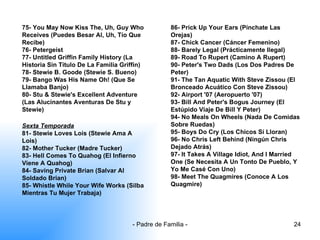75- You May Now Kiss The, Uh, Guy Who Receives (Puedes Besar Al, Uh, Tío Que Recibe) 76- Petergeist 77- Untitled Griffin Family History (La Historia Sin Título De La Familia Griffin) 78- Stewie B. Goode (Stewie S. Bueno) 79- Bango Was His Name Oh! (Que Se Llamaba Banjo) 80- Stu & Stewie's Excellent Adventure (Las Alucinantes Aventuras De Stu y Stewie) Sexta Temporada 81- Stewie Loves Lois (Stewie Ama A Lois) 82- Mother Tucker (Madre Tucker) 83- Hell Comes To Quahog (El Infierno Viene A Quahog) 84- Saving Private Brian (Salvar Al Soldado Brian) 85- Whistle While Your Wife Works (Silba Mientras Tu Mujer Trabaja) 86- Prick Up Your Ears (Pínchate Las Orejas) 87- Chick Cancer (Cáncer Femenino) 88- Barely Legal (Prácticamente Ilegal) 89- Road To Rupert (Camino A Rupert) 90- Peter's Two Dads (Los Dos Padres De Peter) 91- The Tan Aquatic With Steve Zissou (El Bronceado Acuático Con Steve Zissou) 92- Airport '07 (Aeropuerto '07) 93- Bill And Peter's Bogus Journey (El Estúpido Viaje De Bill Y Peter) 94- No Meals On Wheels (Nada De Comidas Sobre Ruedas) 95- Boys Do Cry (Los Chicos Sí Lloran) 96- No Chris Left Behind (Ningún Chris Dejado Atrás) 97- It Takes A Village Idiot, And I Married One (Se Necesita A Un Tonto De Pueblo, Y Yo Me Casé Con Uno) 98- Meet The Quagmires (Conoce A Los Quagmire) 